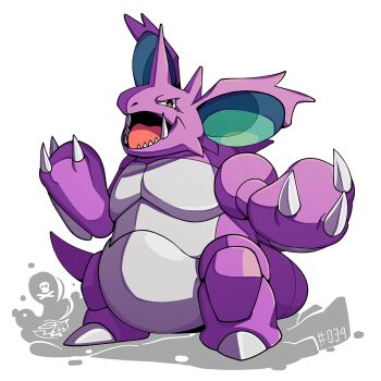 claws colored_skin full_body gen_1_pokemon looking_at_viewer mistray-art nidoking nintendo no_humans open_mouth pokemon pokemon_(creature) purple_skin sharp_teeth signature simple_background solo tail teeth white_background