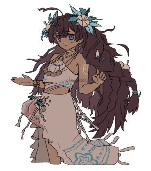 1girl ahoge blue_eyes brown_hair chideu commentary dark-skinned_female dark_skin fatutu flower hair_flower hair_ornament halter_shirt halterneck hands_up jewelry leaf_hair_ornament long_hair long_skirt midriff necklace reverse:1999 shell shell_bracelet shell_necklace shirt shoulder_tattoo skirt sleeveless sleeveless_shirt smile solo symbol-only_commentary tattoo upper_body white_background white_flower white_shirt white_skirt