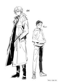 2boys absurdres age_difference batman:_justice_bester batman_justice_buster black_hair coat dick_grayson hands_in_pockets height_difference highres hood hoodie jacket jason_todd long_sleeves looking_at_viewer male_focus monochrome multiple_boys official_art open_clothes open_jacket pants reference_sheet shimizu_eiichi shimoguchi_tomohiro shirt shoes short_hair simple_background sneakers standing trench_coat white_background