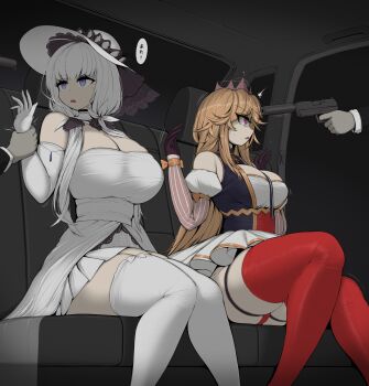 2girls absurdres ameng_(katena1990) azur_lane blonde_hair breasts car_interior cleavage curvy dress elbow_gloves gloves gun_to_head hat highres illustrious_(azur_lane) kidnapping large_breasts long_hair low_twintails multiple_girls red_thighhighs richelieu_(azur_lane) skirt thighhighs twintails white_dress white_gloves white_hair white_hat white_skirt white_thighhighs