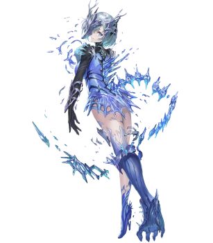 1girl asymmetrical_gloves black_gloves blue_eyes blue_gloves blue_leotard breasts damaged eye_mask facial_hair fimbulvetr_(fire_emblem) fire_emblem fire_emblem_heroes gloves half_eye_mask high_heels highres large_breasts leotard mask mismatched_gloves nintendo non-web_source official_art short_hair solo tail torn_clothes white_hair