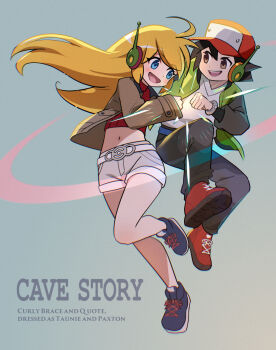 1boy 1girl ahoge android baseball_cap black_hair black_sleeves blackminolith_(2ne) blonde_hair blue_eyes blue_shoes brown_eyes brown_jacket clenched_hands commentary commission cosplay cropped_shirt curly_brace doukutsu_monogatari english_commentary english_text fist_bump floating_hair full_body gradient_background green_jacket grey_shorts hat highres jacket leg_up long_hair looking_at_another mega_stone navel nintendo open_clothes open_jacket paxton_(pokemon) paxton_(pokemon)_(cosplay) pixiv_commission pokemon quote_(cave_story) red_hat red_shirt red_shoes ribbed_shirt robot_ears robot_girl shirt shoes short_hair shorts smile taunie_(pokemon) taunie_(pokemon)_(cosplay) white_shirt