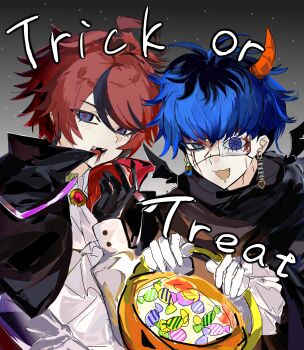 2boys :3 absurdres ahoge ascot black_cape black_gloves black_hair blood blood_on_face blue_eyes blue_hair bridge_piercing brooch cape chin_piercing commentary earrings english_text eyepatch face_piercing facepaint fangs gloves grey_eyes halloween halloween_bucket halloween_costume highres horns jewelry long_sleeves male_focus mismatched_earrings multicolored_hair multiple_boys omokage_yugamu open_mouth orange_horns piercing print_eyepatch red_hair red_pupils roots_(hair) shirt short_hair smile streaked_hair sumino_takumi symbol-only_commentary the_hundred_line_-last_defense_academy- trick_or_treat two-tone_hair vampire_costume white_ascot white_gloves white_shirt xuebai_de_yumao_553041