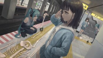 6+girls absurdres aqua_eyes aqua_hair aqua_nails aqua_necktie black_boots black_skirt bone boots character_request commentary_request detached_sleeves from_side hatsune_miku highres holding holding_bone mole mole_under_eye multiple_girls necktie otome_kaibou_(vocaloid) scenery shaka_sign shirt skeleton skirt squatting stairs subway_station tadanotarosuke train_station vocaloid