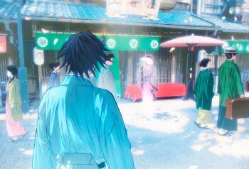 Rule 34 | 3boys, 4girls, absurdres, black hair, building, butterfly hair ornament, day, green kimono, hair ornament, haori, hat, highres, holding, holding suitcase, japanese clothes, kimetsu no yaiba, kimono, kochou shinobu, multiple boys, multiple girls, niku (ni23ku), outdoors, short hair, spiked hair, standing, suitcase, tomioka giyuu, white hat, wide sleeves