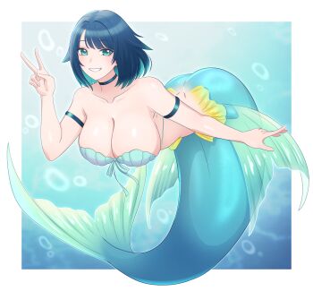 1girl absurdres armlet bikini blue_hair blue_tail borrowed_character breasts choker commentary_request fins fukami_nana_(awono_nanaumi) full_body green_choker green_eyes grin hair_flaps highres jewelry kiria021 large_breasts looking_at_viewer mermaid monster_girl original shell shell_bikini short_hair smile solo swimsuit underwater