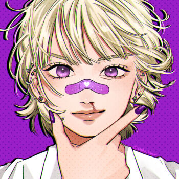 Rule 34 | 1girl, bandaid, bandaid on face, bandaid on nose, ben-day dots, blonde hair, closed mouth, commentary request, diamond-shaped earrings, ear piercing, earrings, eyelashes, fingernails, hand on own chin, heart, highres, jewelry, lips, long fingernails, looking at viewer, messy hair, nail polish, original, piercing, pink lips, portrait, purple background, purple eyes, purple nails, sakana akami, screentones, shirt, short hair, smile, solo, straight-on, twitter username, white shirt