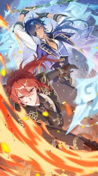 2boys absurdres antenna_hair armband black_coat black_gloves black_necktie black_pants blue_armband blue_eyes blue_hair cleavage_cutout closed_mouth clothing_cutout coat collared_shirt crossed_bangs cryokinesis dark-skinned_male dark_skin diluc_(genshin_impact) earrings eyepatch fingerless_gloves fire flaming_sword flaming_weapon frown fur_trim genshin_impact gloves gold_trim grey_shirt hair_between_eyes hair_over_shoulder hands_up highres holding holding_sword holding_weapon jewelry kaeya_(genshin_impact) lapels long_hair looking_at_viewer low_ponytail male_focus multicolored_hair multiple_boys necktie noes one_eye_covered open_clothes open_coat pants parted_bangs parted_lips ponytail pyrokinesis red_eyes red_gloves red_hair shirt short_necktie sidelocks single_earring step-siblings streaked_hair swept_bangs sword tassel two-tone_gloves v-shaped_eyebrows vest weapon white_shirt white_vest wing_collar