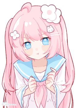 Rule 34 | 1girl, ahoge, artist name, blue eyes, blue sailor collar, blush stickers, closed mouth, commentary, flower, hair flower, hair ornament, hairclip, highres, long sleeves, looking at viewer, neckerchief, original, parallel hairclips, pink neckerchief, rabbit hair ornament, sailor collar, school uniform, serafuku, shirt, simple background, solo, upper body, v-shaped eyebrows, white background, white shirt, wide sleeves, yukomeow