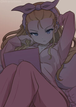 1girl assam_(girls_und_panzer) blonde_hair blue_eyes closed_mouth commentary computer ehirorotoon frown girls_und_panzer hair_pulled_back hair_ribbon hand_in_own_hair highres laptop long_hair long_sleeves looking_at_viewer loungewear on_bed pajamas pants pink_pants ribbon shirt sitting solo white_ribbon white_shirt