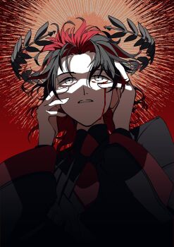 1boy black_hair blood bloody_tears crown crying curly_hair dante_alighieri_(fate) dante_alighieri_(third_ascension)_(fate) fate/grand_order fate_(series) floating_crown frog_fg0 grey_eyes hands_on_own_face high_collar highres laurel_crown long_sleeves looking_up male_focus medium_hair multicolored_hair open_mouth red_background red_hair shirt solo two-tone_hair