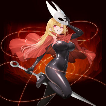 1girl absurdres black_bodysuit blonde_hair bodysuit breasts cloak covered_navel dopamine70 gradient_hair grin highres holding holding_mask holding_needle hollow_knight hollow_knight:_silksong horned_mask hornet_(hollow_knight) kitagawa_marin large_breasts looking_at_viewer mask multicolored_hair needle oversized_object pink_eyes pink_hair red_cloak shiny_clothes skin_tight smile solo sono_bisque_doll_wa_koi_wo_suru standing standing_on_one_leg white_mask