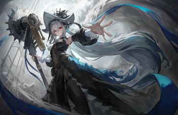 arknights breasts grey_hair greypidjun hair_between_eyes hat highres holding holding_weapon long_hair red_eyes smile specter_(arknights) specter_the_unchained_(arknights) standing very_long_hair weapon