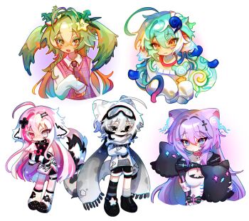 1boy 4girls absurdres ahoge animal_ears black_necktie black_shoes blue_eyes breasts cleavage closed_mouth cloud_(lufaeris) commentary commission deformed double-parted_bangs english_commentary green_eyes green_hair grey_scarf hair_between_eyes hair_ornament highres holding holding_stuffed_toy long_hair looking_at_viewer medium_breasts multiple_girls necktie open_mouth original pink_hair pink_vest purple_eyes purple_hair scarf shirt shoes short_hair simple_background smile star_(symbol) star_hair_ornament stuffed_animal stuffed_toy sweater tail vest vgen_commission white_background white_hair white_shirt white_sweater x_hair_ornament