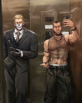 ... 2boys aary_soap bara belt black_belt black_gloves black_jacket black_pants blonde_hair brown_hair call_of_duty call_of_duty:_modern_warfare_2 cross cross_necklace earrings facial_hair ghost_(modern_warfare_2) gloves highres holding holding_phone jacket jewelry large_pectorals looking_at_another male_focus mask middle_finger mouth_mask multiple_boys multiple_rings muscular muscular_male necklace necktie pants pectorals phone ring see-through_clothes shirt short_hair soap_(modern_warfare_2) teeth twitter_username white_shirt