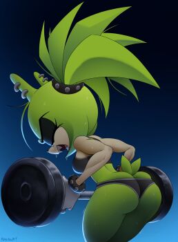 1girl absurdres animal_ears animal_nose artist_name ass barbell biceps bracelet breasts closed_eyes commentary dripping earrings english_commentary exercising furry furry_female gloves green_fur green_hair highres jewelry medium_breasts muscular muscular_female p0stalk ponytail sharp_teeth short_tail skindentation sonic_(series) sonic_the_hedgehog_(idw) sports_bra studded_bracelet studded_headband surge_the_tenrec sweat tail teeth tenrec_girl training underwear weightlifting white_gloves