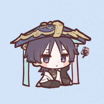 1boy :t armor black_bodysuit black_bridal_gauntlets blue_background blue_hat blunt_ends blush_stickers bodysuit bridal_gauntlets bright_pupils closed_mouth cropped_torso eyeliner eyeshadow genshin_impact gold grey_hair hand_on_own_face hat hoshizuki_chimama japanese_armor japanese_clothes jingasa kimono kote kurokote looking_past_viewer makeup male_focus mandarin_collar purple_eyes red_eyeliner red_eyeshadow scaramouche_(genshin_impact) short_sleeves solo squiggle wanderer_(genshin_impact) white_kimono white_pupils white_sleeves wispy_bangs