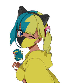1girl absurdres animal_ears bandeau blue_eyes breasts canari_(pokemon) commentary_request eelektross eyelashes fake_animal_ears from_side gen_5_pokemon hand_up highres hood hood_down hooded_jacket jacket looking_to_the_side mask medium_breasts mouth_mask multicolored_hair nail_polish nintendo omochi_(pixiv_73433243) one_eye_closed pokemon pokemon_(creature) pokemon_legends:_z-a simple_background twintails white_background yellow_bandeau yellow_jacket