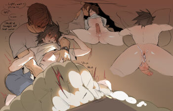 2boys absurdres ass bad_tag bed_sheet couple cum cum_in_ass death_note erection highres isa_(babeyxiao) l_(death_note) male_focus masturbation multiple_boys non-web_source testicles yagami_light yaoi