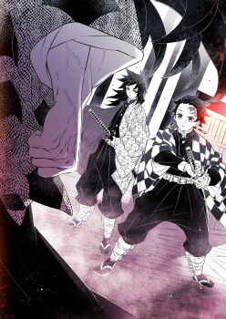 Rule 34 | 3boys, belt, belt buckle, buckle, checkered haori, demon slayer uniform, from behind, hakama, hanafuda, haori, high collar, highres, japanese clothes, kamado tanjirou, katana, kikkoumon, kimetsu no yaiba, kimono, kokushibou, legs apart, long hair, male focus, mintiaorion, multiple boys, parted lips, partially colored, print haori, sandals, scar, scar on face, scar on forehead, short hair, socks, spiked hair, sword, tomioka giyuu, weapon