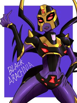 1girl black_panties blackarachnia breasts colored_skin hand_on_own_hip helmet highres humanoid_robot medium_breasts panties purple_lips purple_skin red_eyes robot robot_girl science_fiction solo transformers transformers_animated underwear zundarahagezou