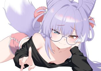 1girl :3 absurdres ahoge bare_shoulders black_shirt blue-framed_eyewear blue_eyes breasts closed_mouth cone_hair_bun dolphin_shorts downblouse extended_downblouse fang fox_tail glasses hair_bun hair_ornament hair_rings heterochromia highres loli long_hair long_sleeves looking_down lying midriff multicolored_hair no_bra off_shoulder oldsickkim on_stomach pink_shorts pom_pom_(clothes) pom_pom_hair_ornament purple_hair round_eyewear shirt short_shorts shorts small_breasts smile solo stellive tail tail_raised tenko_shibuki thighs two-tone_hair virtual_youtuber white_background yellow_eyes