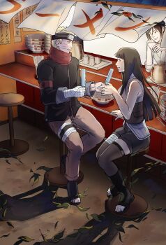 1boy 2girls ayame_(naruto) bandaged_hand bandaged_leg bandages black_hair black_headband black_jacket black_shoes black_shorts black_thighhighs blonde_hair blunt_bangs blunt_ends bowl facial_mark food hashtag-only_commentary headband highres hime_cut holding holding_food holding_popsicle hyuuga_hinata ichido792801 jacket long_hair looking_at_another multiple_girls naruto:_the_last naruto_(series) noodles open-toe_shoes orange_pants pants popsicle ramen ramen_stand red_scarf scarf shirt shoes short_hair shorts sitting sleeveless sleeveless_shirt smile spiked_hair straight_hair thighhighs uzumaki_naruto whisker_markings