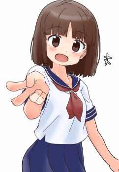 1girl :d acchi_muite_hoi blue_sailor_collar blue_skirt blunt_bangs blush brown_eyes brown_hair data_east gradient_background janken_game_acchi_muite_hoi! looking_at_viewer neckerchief open_mouth pleated_skirt rock_paper_scissors sagami_sagari sailor_collar school_uniform serafuku shirt short_hair short_sleeves skirt smile solo tomomi_(janken_game_acchi_muite_hoi!) v watanabe_akio_(style) white_background white_shirt