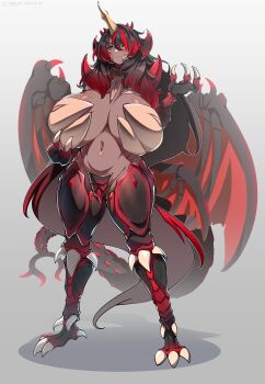 1girl absurdres arthropod_girl arthropod_limbs black_hair black_sclera breasts carapace cleavage colored_sclera commission dark-skinned_female dark_skin destoroyah extra_wings full_body gigantic_breasts godzilla_(series) godzilla_vs._destoroyah gradient_hair hair_between_eyes highres horns kaiju konoshige_(ryuun) long_hair low_wings monster_girl multicolored_hair navel pasties personification red_hair revealing_clothes sagging_breasts single_horn skeb_commission solo standing streaked_hair tail toho wings yellow_eyes