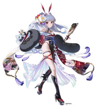 1girl :3 absurdres aku_no_onna_kanbu:_perigee_new_moon animal_ears arrow_(tamawo222) asymmetrical_legwear bare_shoulders black_gloves black_socks character_request closed_mouth commentary_request covered_navel flower full_body gloves grey_hair grey_sandals hagoita hair_flower hair_intakes hair_ornament half_gloves high_heel_sandals highres holding japanese_clothes kimono long_hair looking_at_viewer obi official_art paddle pelvic_curtain rabbit_ears red_eyes red_flower sandals sash simple_background single_sock socks solo very_long_hair white_background white_flower white_kimono