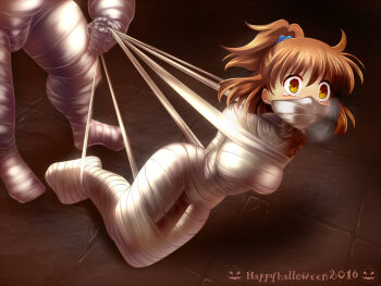 1girl arle_nadja arms_behind_back asphyxiation bandages bdsm blush bondage bound breasts brown_eyes brown_hair caught cloth_gag crying full_body gag gagged helpless improvised_gag legs_together medium_breasts monster mummification mummy over_the_nose_gag peril ponytail puyopuyo scared sweetsprite tearing_up tears wrapped_up