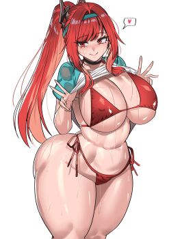 1girl absurdres bikini breasts curvy gamjasssak goddess_of_victory:_nikke high_ponytail highres huge_breasts long_hair looking_at_viewer navel ponytail rapi_(nikke) rapi_(red_hood)_(nikke) rapi_(red_hood)_(red_flavor)_(nikke) red_bikini red_eyes red_hair side-tie_bikini_bottom smile solo sweat swimsuit v