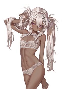 1girl blonde_hair breasts cowboy_shot dark-skinned_female dark_skin hair_intakes hair_ornament hairclip hand_in_own_hair hand_up highres lingerie long_hair looking_at_viewer nail_polish naruto_maki_(naruto05) navel original purple_eyes simple_background small_breasts solo stomach twintails underwear underwear_only white_background