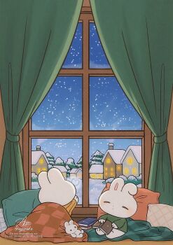 Rule 34 | animal, animal focus, ayu (mog), blanket, book, commentary, curtains, green shirt, highres, house, indoors, long sleeves, no humans, on bed, original, pillow, rabbit, rwby, shirt, signature, sky, sleeping, snow, snowing, star (sky), starry sky, symbol-only commentary, tree, under covers, watermark, window