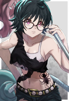 1girl black_hair breasts cross cross_necklace denim glasses highres hunter_x_hunter inverted_cross jewelry large_breasts looking_at_viewer necklace purple_eyes scene_reference shirt shizuku_murasaki short_hair simple_background skirt solo spider_tattoo sweater tattoo tomaton_(t_0) torn_clothes torn_shirt torn_skirt turtleneck vacuum_cleaner