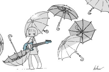 Rule 34 | 1girl, absurdres, barefoot, commentary, electric guitar, greyscale, guitar, highres, instrument, kaduise, looking at viewer, monochrome, no pants, original, oversized clothes, oversized shirt, shirt, short hair, signature, solo, spot color, standing, umbrella