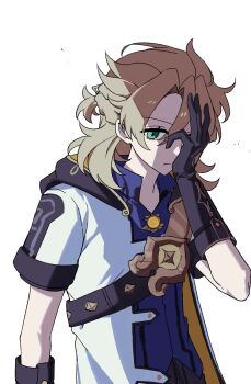 1boy albedo_(genshin_impact) aqua_eyes belt black_belt black_gloves blonde_hair blue_shirt braid closed_mouth coat collared_shirt genshin_impact gloves hair_between_eyes half_up_half_down_braid hand_on_own_face hand_up highres hood hood_down hooded_coat looking_at_viewer male_focus medium_hair open_clothes open_coat parted_bangs serious shirt short_sleeves simple_background solo studded_belt ttuyer0 upper_body vision_(genshin_impact) white_background white_coat