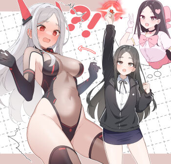 Rule 34 | !?, 1girl, absurdres, black gloves, black hair, bow, breasts, brown eyes, commentary request, dress, elbow gloves, futana-chan (futsuno (futsuno77)), futsuno (futsuno77), gloves, heart, highres, horns, jacket, large breasts, leotard, looking at viewer, magical girl, multiple views, open mouth, pink dress, red eyes, skirt, smile, thighhighs, ts mahou shoujo mazoka, white hair