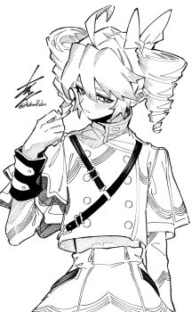 Rule 34 | 1girl, :/, ahoge, arikanrobo, buttons, commentary request, cropped jacket, double-breasted, drill hair, greyscale, hatching (texture), highres, kasane teto, kasane teto (sv), linear hatching, looking at viewer, monochrome, playing with own hair, shoulder belt, signature, skirt, solo, synthesizer v, twin drills, twitter username, utau