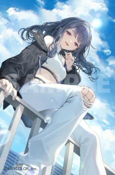 1girl black_jacket blue_hair blue_nails breasts cloud cloudy_sky commentary copyright_name fishnet_pantyhose fishnets from_below highres jacket jewelry koshimizu_toru koshimizu_toru_(5th_costume) lens_flare long_hair looking_at_viewer medium_breasts midriff mole mole_under_eye necklace nijisanji official_art official_artist_extra open_clothes open_jacket open_mouth pants pantyhose purple_eyes sample_watermark sidelocks siiqa_vivi sitting sky smile solo tank_top teeth torn_clothes torn_pants virtual_youtuber watermark