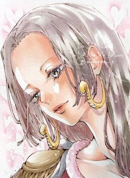 1girl black_hair blush boa_hancock close-up closed_mouth commentary_request earrings epaulettes eyelashes heart highres jewelry long_hair looking_down momopine_op one_piece sidelocks snake_earrings solo traditional_media twitter_username