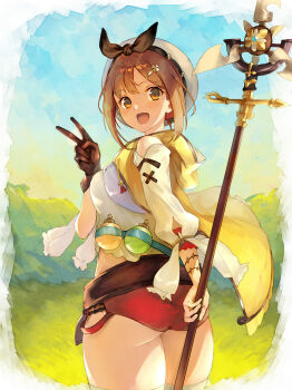 1girl :d ass atelier_(series) atelier_ryza atelier_ryza_1 blue_sky blush breasts brown_eyes brown_gloves brown_hair clothing_cutout commentary_request female_focus flask gloves hair_ornament hairclip hand_up highres jazztaki jewelry leather leather_gloves light_blush looking_at_viewer looking_back medium_breasts midriff necklace open_mouth outdoors plump red_shorts reisalin_stout round-bottom_flask short_shorts shorts shoulder_cutout sidelocks single_bare_shoulder single_glove skindentation sky smile solo staff standing thick_thighs thighhighs thighs twisted_torso v white_thighhighs wide_hips