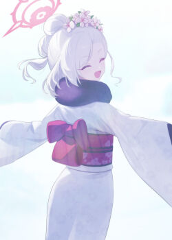 1girl blue_archive closed_eyes commentary deadnooodles flower from_behind fur-trimmed_kimono fur_trim hair_bun hair_flower hair_ornament halo highres japanese_clothes kimono looking_at_viewer mutsuki_(blue_archive) mutsuki_(new_year)_(blue_archive) obi official_alternate_costume official_alternate_hairstyle open_mouth pink_flower red_halo red_sash sash solo symbol-only_commentary white_hair white_kimono