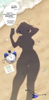 1girl analog_clock beach bikini bilingual_commentary black_bow black_hat blue_bikini bow clock commentary dressed_shadow_(meme) english_commentary english_text halo hat highres holding holding_phone hololive hololive_english kronie_(ouro_kronii) meme mini_hat mini_top_hat mixed-language_commentary motion_lines myth1carts ouro_kronii outdoors paid_reward_available phone sand shadow shell speech_bubble starfish swimsuit thigh_gap top_hat twitter_strip_game unworn_bikini unworn_bow virtual_youtuber