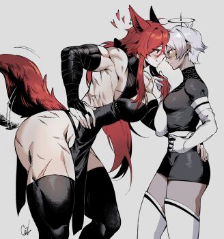 2girls absurdres alternate_universe animal_ears ass black_dress black_gloves black_shorts black_thighhighs blush breasts cleavage dress elbow_gloves fingerless_gloves frown gloves hand_on_another's_ass hand_on_own_hip hazbin_hotel heart height_difference hellaverse highres holding_another's_hair huge_ass kazuya_(kozun) large_breasts long_hair multiple_girls muscular muscular_female nighty_(kazuya) original red_eyes red_hair scar scar_on_arm scar_on_leg short_hair shorts signature simple_background size_difference tail tail_wagging thick_thighs thighhighs thighs white_gloves white_hair yellow_eyes yuri