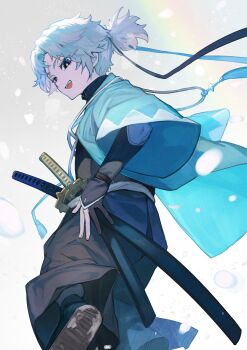 Rule 34 | 1boy, absurdres, aqua haori, black hakama, black headband, black kimono, blue eyes, fate/grand order, fate (series), gloves, hakama, hakama pants, haori, headband, highres, japanese clothes, katana, kimono, lack, looking at viewer, looking back, pants, partially fingerless gloves, scar, scar on face, scar on forehead, sheath, sheathed, smile, solo, sword, toudou heisuke (fate), toudou heisuke (third ascension) (fate), waraji, weapon, white hair