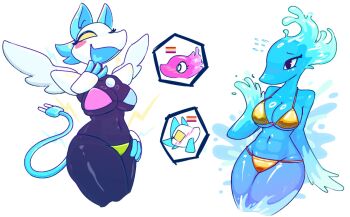 2girls 87_g0d abs bikini black_skin blush breasts cable cable_tail cat_girl colored_skin commentary cropped_legs deltarune electric_plug furry furry_female gold_bikini heart heart_in_mouth highres large_breasts mechanical_tail miss_mizzle monster_girl multicolored_bikini multiple_girls rayman_limbs simple_background slime_girl swimsuit tail tasque_manager toned toned_female utdr_(toby_fox) yuri