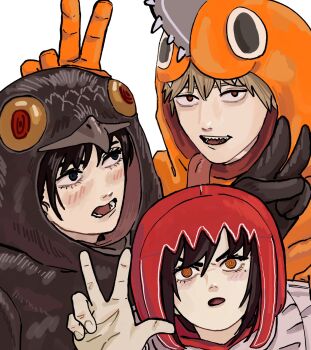 1boy black_hair blonde_hair blush bunny_ears_prank chainsaw chainsaw_man cosplay denji_(chainsaw_man) goldenpenhd hair_between_eyes highres long_hair looking_at_viewer makima_(chainsaw_man) makima_(chainsaw_man)_(cosplay) mitaka_asa nayuta_(chainsaw_man) open_mouth pochita_(chainsaw_man) pochita_(chainsaw_man)_(cosplay) red_hair ringed_eyes sharp_teeth short_hair simple_background smile teeth v w war_devil_(chainsaw_man) war_devil_(chainsaw_man)_(cosplay) white_background yellow_eyes