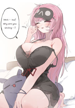 1girl absurdres black_nightgown breasts chocosong cleavage english_text hashtag-only_commentary highres hololive hololive_english large_breasts long_hair mori_calliope nightgown off_shoulder one_eye_closed pink_eyes pink_hair simple_background sitting sleepy speech_bubble takodachi_(ninomae_ina&#039;nis) thighs virtual_youtuber wariza white_background