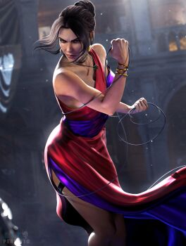 1girl absurdres alternate_costume artist_name bracelet brown_hair cable dress gold_bracelet highres holding holding_cable jewelry lara_croft lito_perezito long_dress necklace purple_dress red_dress side_slit sleeveless sleeveless_dress solo tomb_raider tomb_raider:_the_legend_of_lara_croft two-tone_dress
